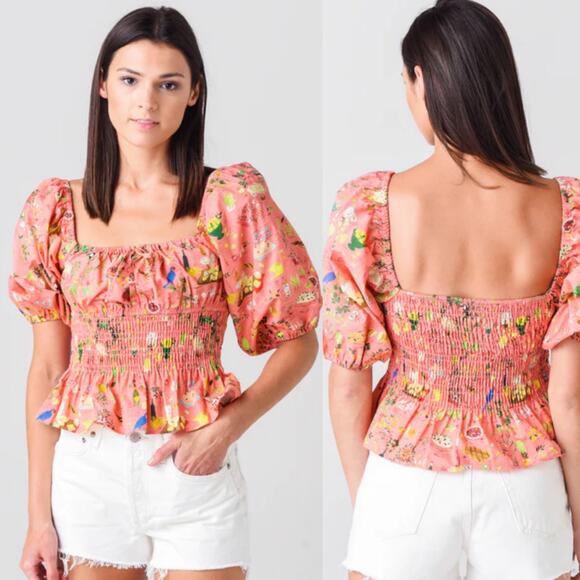 Rhode Jodie Shirred Printed Cotton-poplin Top In Picnic Pink - Picture 1 of 11